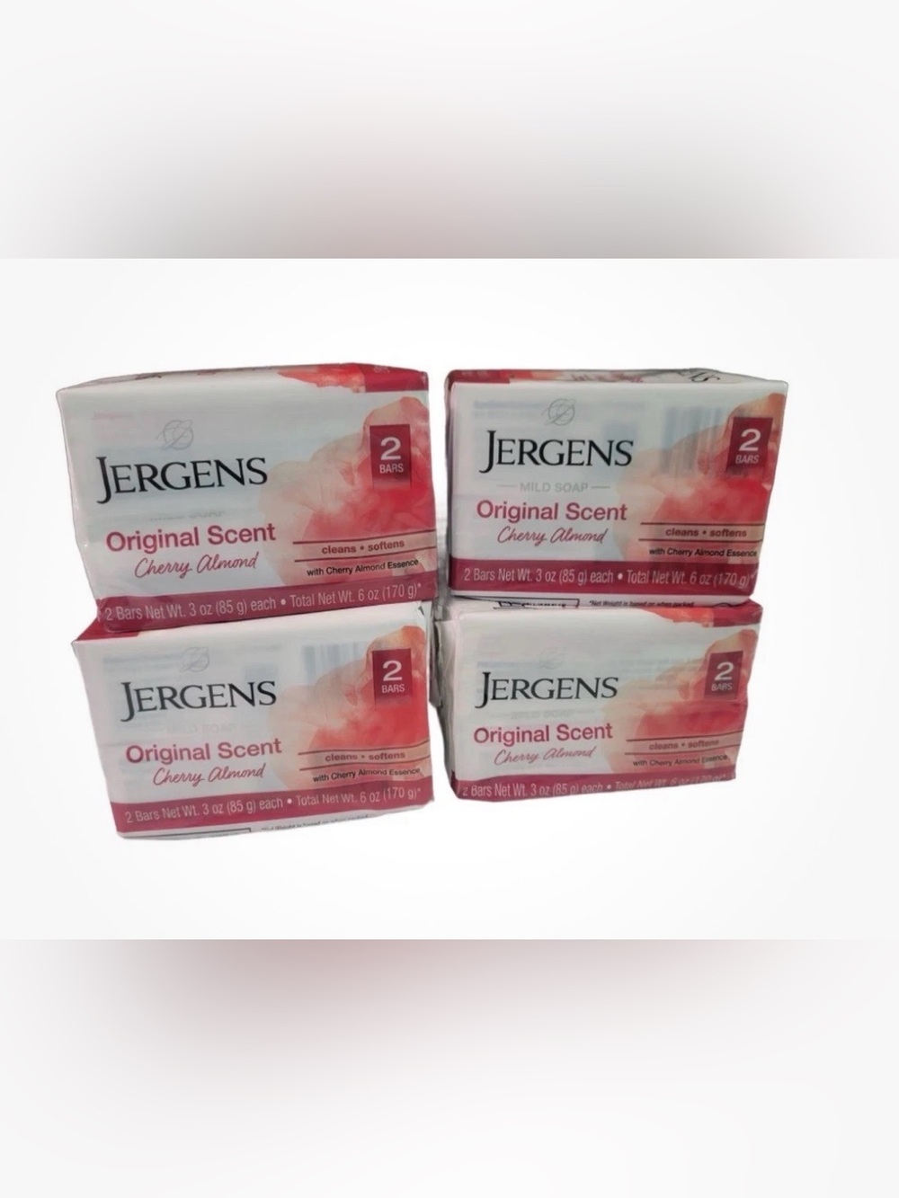 JERGENS MILD SOAP Original Scent Cherry Almond 4 Two packs 8 Total Bars 3 OZ ea